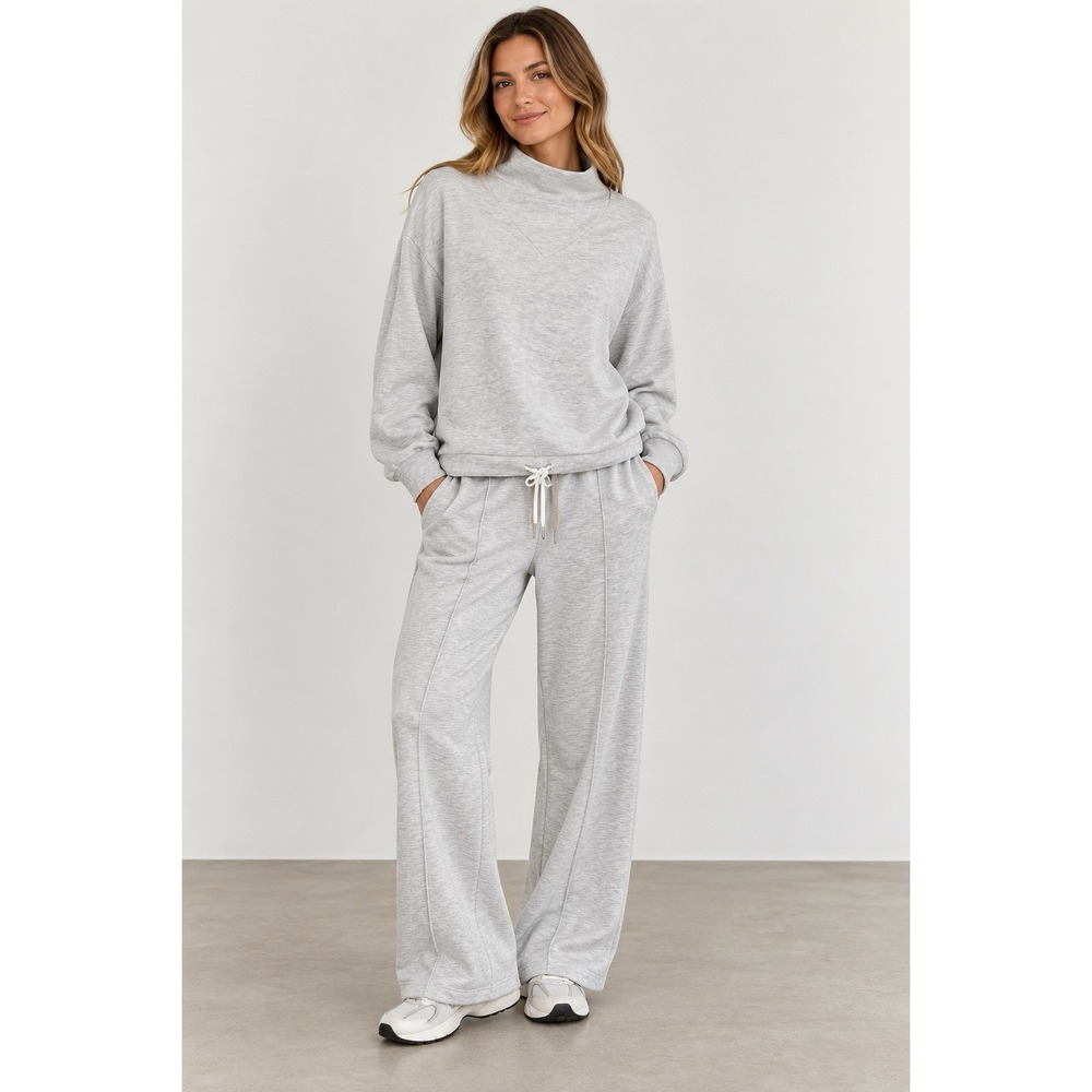 Varley Freya Lounge Set Women's Top L Pants XL Gray Sweatshirt Wide Leg NWOT